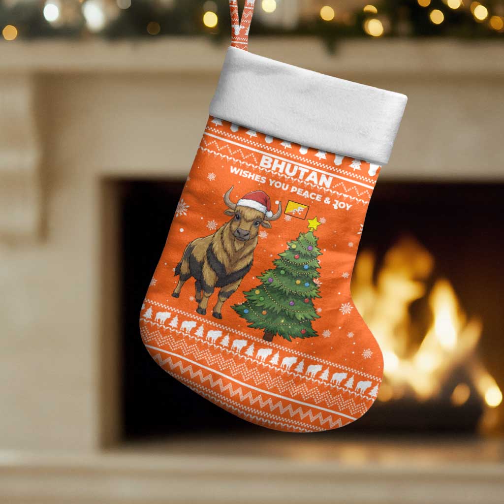 Bhutan Christmas Stocking with Takin Santa Hat Christmas Tree and Snowflake Pattern in Orange - Wonder Print Shop