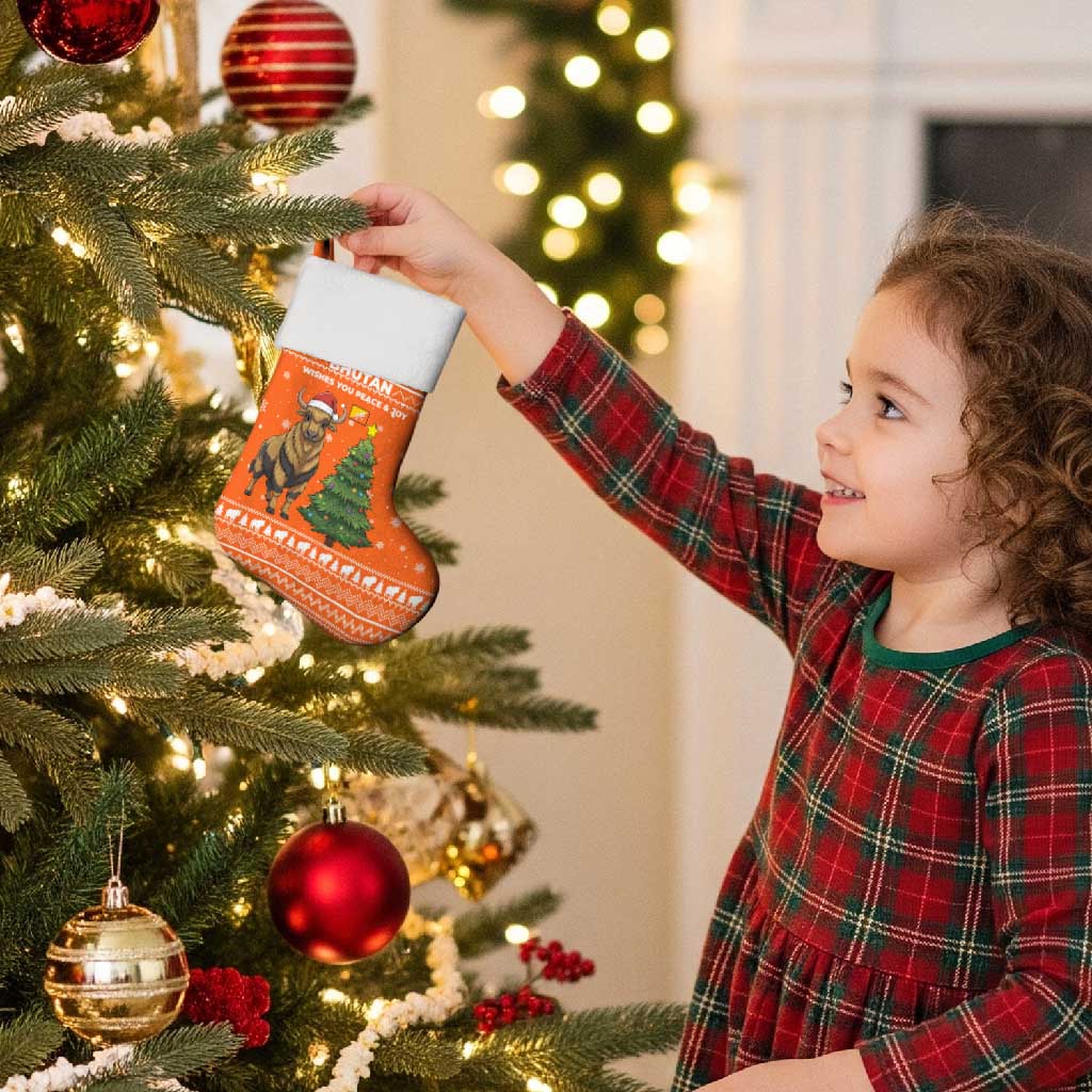 Bhutan Christmas Stocking with Takin Santa Hat Christmas Tree and Snowflake Pattern in Orange - Wonder Print Shop