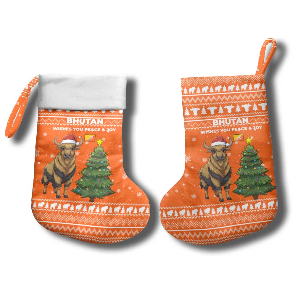 Bhutan Christmas Stocking with Takin Santa Hat Christmas Tree and Snowflake Pattern in Orange - Wonder Print Shop