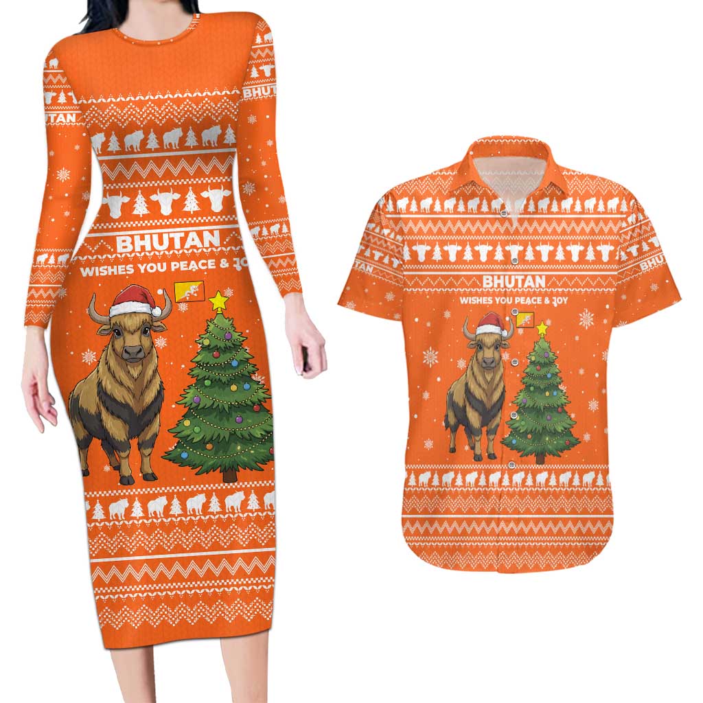 Bhutan Christmas Couples Matching Long Sleeve Bodycon Dress and Hawaiian Shirt with Takin Santa Hat Christmas Tree and Snowflake Pattern in Orange - Wonder Print Shop