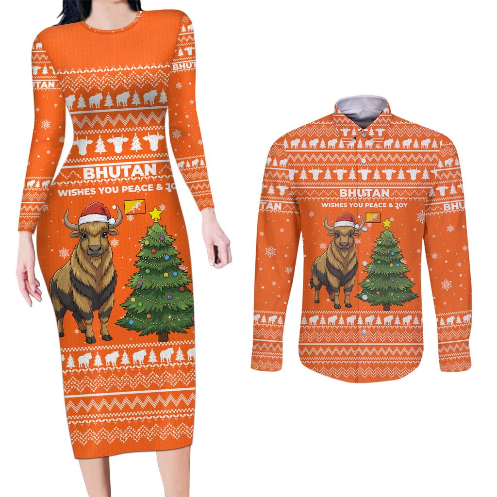 Bhutan Christmas Couples Matching Long Sleeve Bodycon Dress and Long Sleeve Button Shirt with Takin Santa Hat Christmas Tree and Snowflake Pattern in Orange - Wonder Print Shop