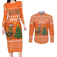 Bhutan Christmas Couples Matching Long Sleeve Bodycon Dress and Long Sleeve Button Shirt with Takin Santa Hat Christmas Tree and Snowflake Pattern in Orange - Wonder Print Shop