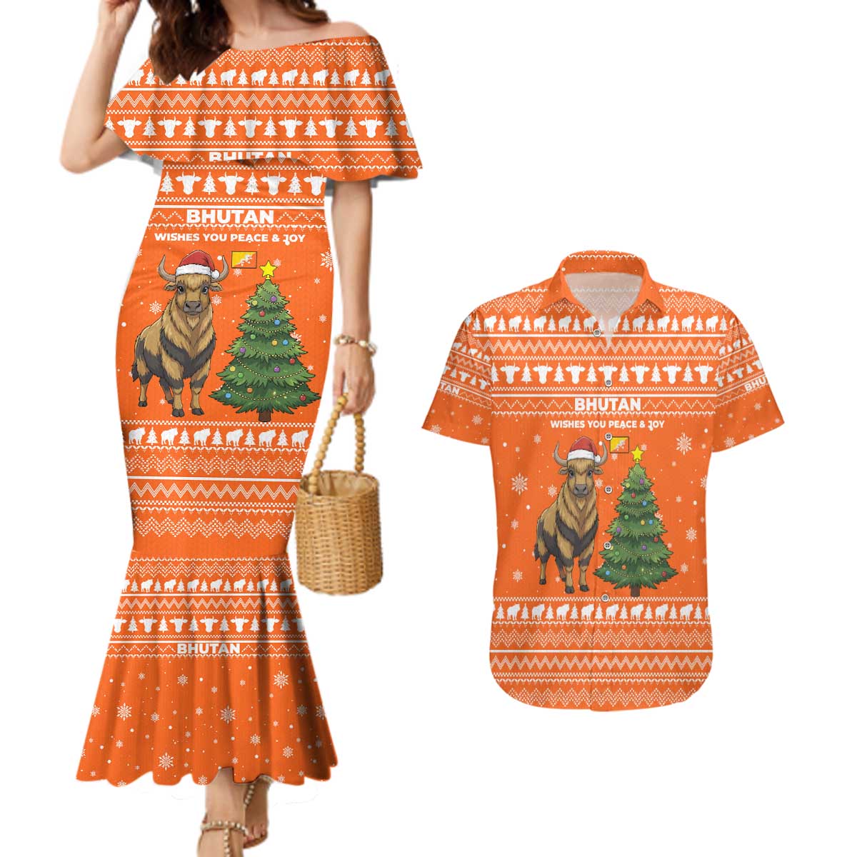 Bhutan Christmas Couples Matching Mermaid Dress and Hawaiian Shirt with Takin Santa Hat Christmas Tree and Snowflake Pattern in Orange - Wonder Print Shop