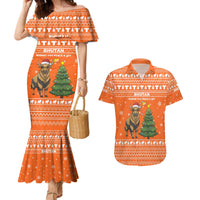 Bhutan Christmas Couples Matching Mermaid Dress and Hawaiian Shirt with Takin Santa Hat Christmas Tree and Snowflake Pattern in Orange - Wonder Print Shop