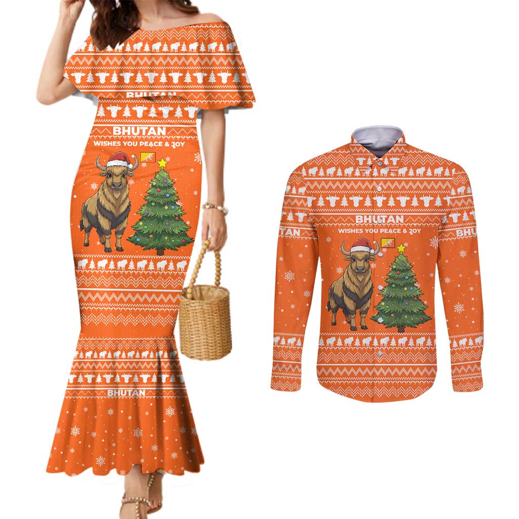 Bhutan Christmas Couples Matching Mermaid Dress and Long Sleeve Button Shirt with Takin Santa Hat Christmas Tree and Snowflake Pattern in Orange - Wonder Print Shop