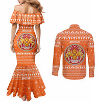 Bhutan Christmas Couples Matching Mermaid Dress and Long Sleeve Button Shirt with Takin Santa Hat Christmas Tree and Snowflake Pattern in Orange - Wonder Print Shop