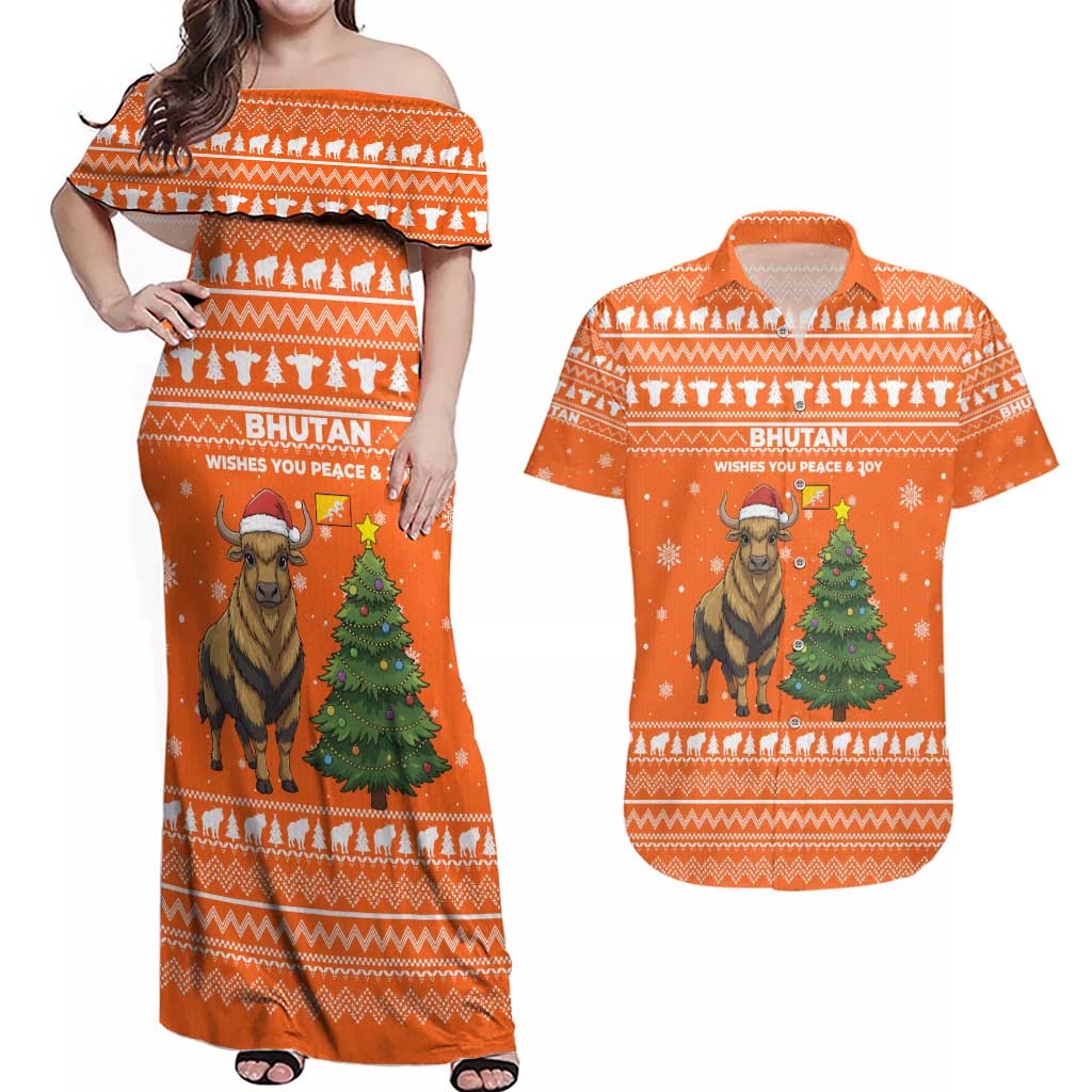 Bhutan Christmas Couples Matching Off Shoulder Maxi Dress and Hawaiian Shirt with Takin Santa Hat Christmas Tree and Snowflake Pattern in Orange - Wonder Print Shop