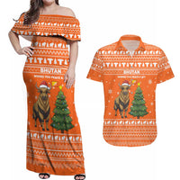 Bhutan Christmas Couples Matching Off Shoulder Maxi Dress and Hawaiian Shirt with Takin Santa Hat Christmas Tree and Snowflake Pattern in Orange - Wonder Print Shop