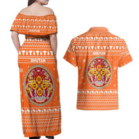Bhutan Christmas Couples Matching Off Shoulder Maxi Dress and Hawaiian Shirt with Takin Santa Hat Christmas Tree and Snowflake Pattern in Orange - Wonder Print Shop