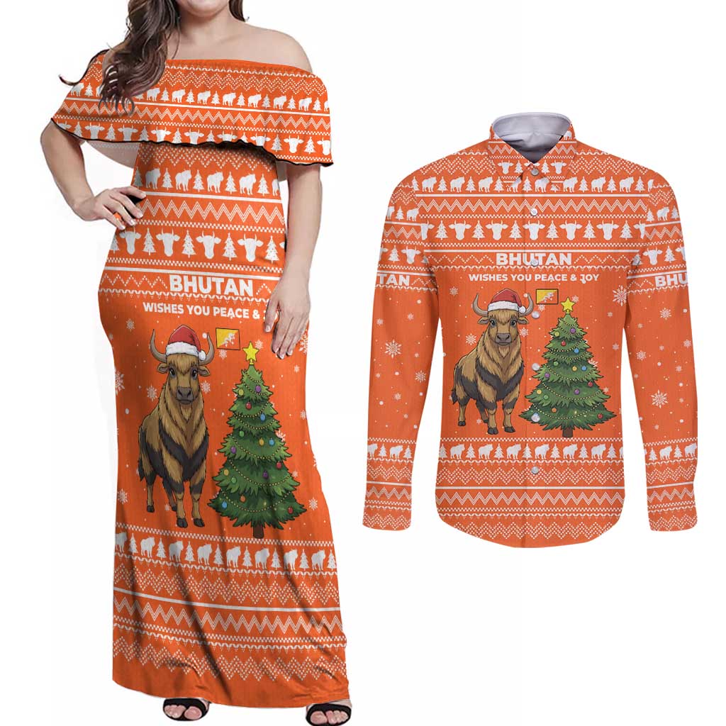 Bhutan Christmas Couples Matching Off Shoulder Maxi Dress and Long Sleeve Button Shirt with Takin Santa Hat Christmas Tree and Snowflake Pattern in Orange - Wonder Print Shop