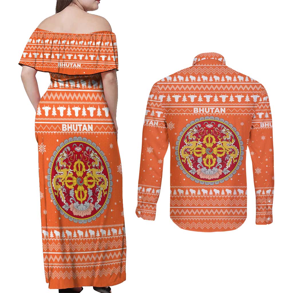 Bhutan Christmas Couples Matching Off Shoulder Maxi Dress and Long Sleeve Button Shirt with Takin Santa Hat Christmas Tree and Snowflake Pattern in Orange - Wonder Print Shop