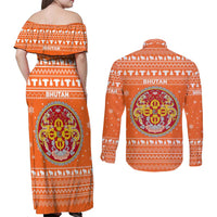 Bhutan Christmas Couples Matching Off Shoulder Maxi Dress and Long Sleeve Button Shirt with Takin Santa Hat Christmas Tree and Snowflake Pattern in Orange - Wonder Print Shop