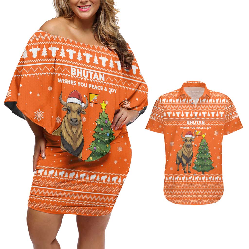 Bhutan Christmas Couples Matching Off Shoulder Short Dress and Hawaiian Shirt with Takin Santa Hat Christmas Tree and Snowflake Pattern in Orange - Wonder Print Shop