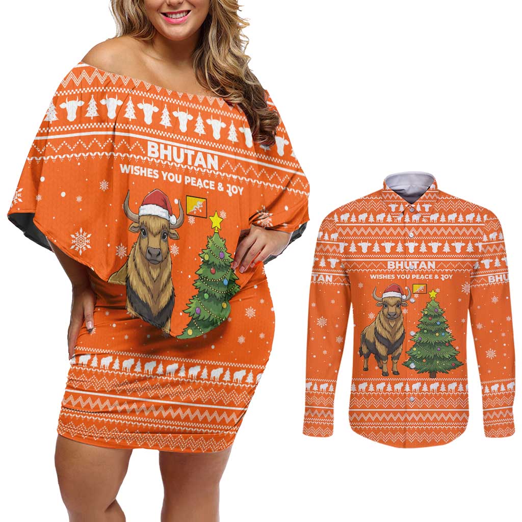 Bhutan Christmas Couples Matching Off Shoulder Short Dress and Long Sleeve Button Shirt with Takin Santa Hat Christmas Tree and Snowflake Pattern in Orange - Wonder Print Shop