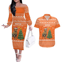 Bhutan Christmas Couples Matching Off The Shoulder Long Sleeve Dress and Hawaiian Shirt with Takin Santa Hat Christmas Tree and Snowflake Pattern in Orange - Wonder Print Shop