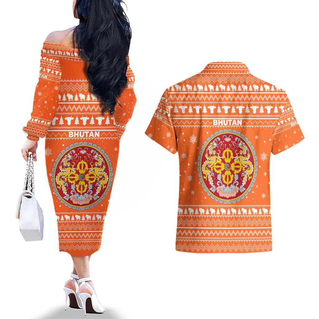 Bhutan Christmas Couples Matching Off The Shoulder Long Sleeve Dress and Hawaiian Shirt with Takin Santa Hat Christmas Tree and Snowflake Pattern in Orange - Wonder Print Shop