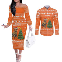 Bhutan Christmas Couples Matching Off The Shoulder Long Sleeve Dress and Long Sleeve Button Shirt with Takin Santa Hat Christmas Tree and Snowflake Pattern in Orange - Wonder Print Shop