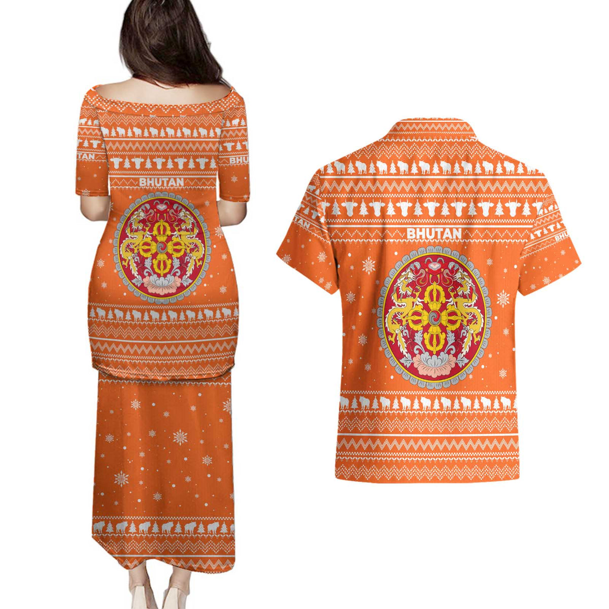 Bhutan Christmas Couples Matching Puletasi and Hawaiian Shirt with Takin Santa Hat Christmas Tree and Snowflake Pattern in Orange - Wonder Print Shop