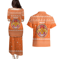 Bhutan Christmas Couples Matching Puletasi and Hawaiian Shirt with Takin Santa Hat Christmas Tree and Snowflake Pattern in Orange - Wonder Print Shop
