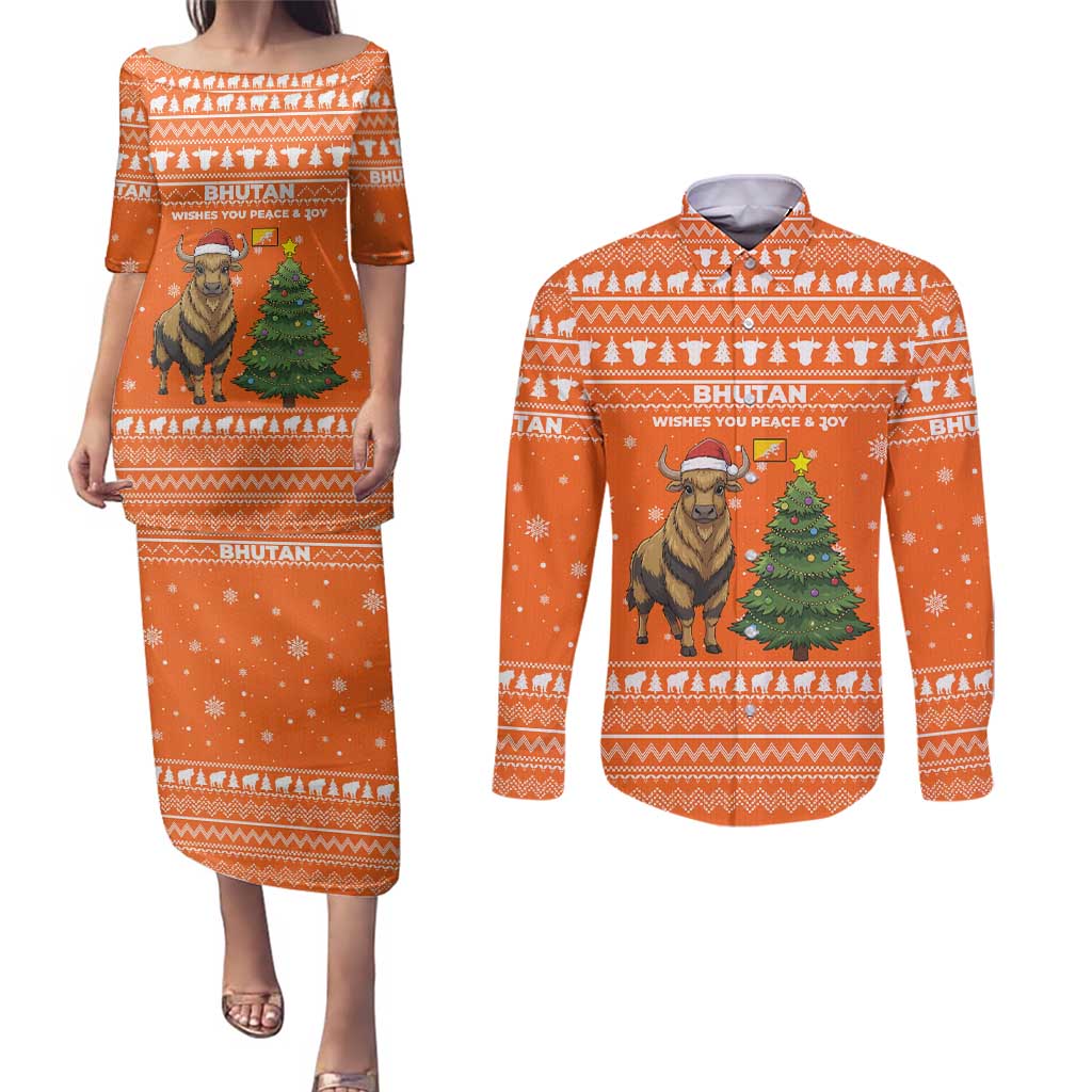 Bhutan Christmas Couples Matching Puletasi and Long Sleeve Button Shirt with Takin Santa Hat Christmas Tree and Snowflake Pattern in Orange - Wonder Print Shop