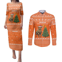 Bhutan Christmas Couples Matching Puletasi and Long Sleeve Button Shirt with Takin Santa Hat Christmas Tree and Snowflake Pattern in Orange - Wonder Print Shop