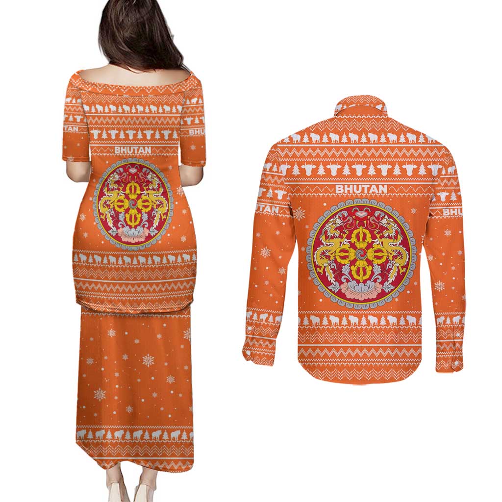 Bhutan Christmas Couples Matching Puletasi and Long Sleeve Button Shirt with Takin Santa Hat Christmas Tree and Snowflake Pattern in Orange - Wonder Print Shop