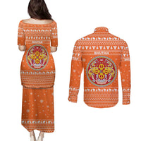 Bhutan Christmas Couples Matching Puletasi and Long Sleeve Button Shirt with Takin Santa Hat Christmas Tree and Snowflake Pattern in Orange - Wonder Print Shop