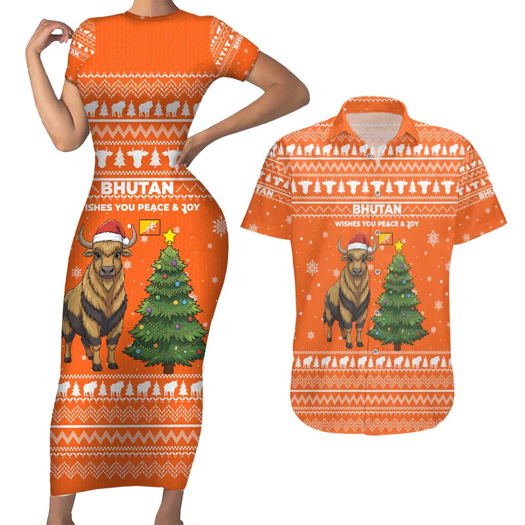 Bhutan Christmas Couples Matching Short Sleeve Bodycon Dress and Hawaiian Shirt with Takin Santa Hat Christmas Tree and Snowflake Pattern in Orange - Wonder Print Shop