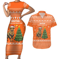 Bhutan Christmas Couples Matching Short Sleeve Bodycon Dress and Hawaiian Shirt with Takin Santa Hat Christmas Tree and Snowflake Pattern in Orange - Wonder Print Shop