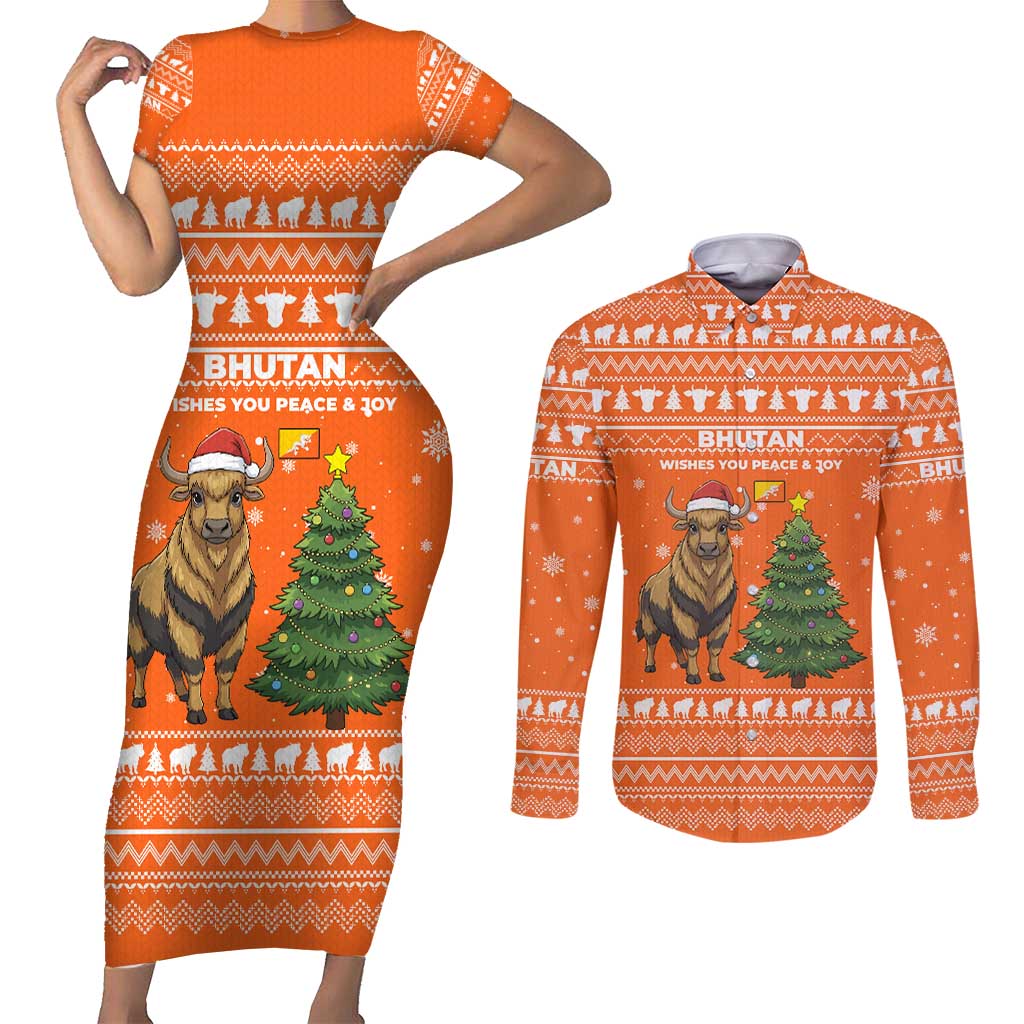 Bhutan Christmas Couples Matching Short Sleeve Bodycon Dress and Long Sleeve Button Shirt with Takin Santa Hat Christmas Tree and Snowflake Pattern in Orange - Wonder Print Shop