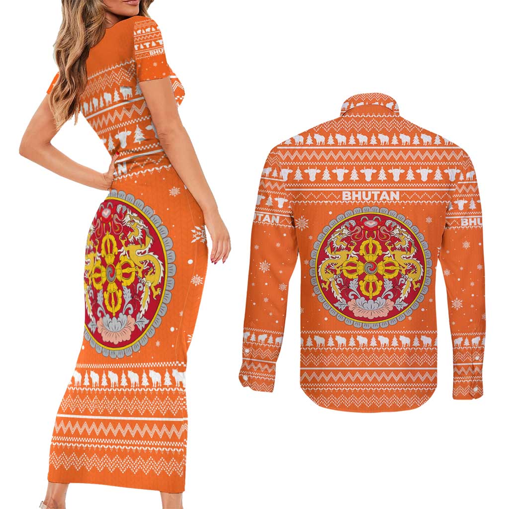 Bhutan Christmas Couples Matching Short Sleeve Bodycon Dress and Long Sleeve Button Shirt with Takin Santa Hat Christmas Tree and Snowflake Pattern in Orange - Wonder Print Shop