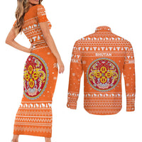 Bhutan Christmas Couples Matching Short Sleeve Bodycon Dress and Long Sleeve Button Shirt with Takin Santa Hat Christmas Tree and Snowflake Pattern in Orange - Wonder Print Shop