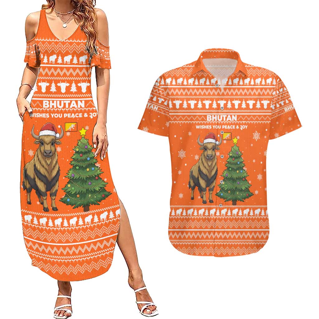 Bhutan Christmas Couples Matching Summer Maxi Dress and Hawaiian Shirt with Takin Santa Hat Christmas Tree and Snowflake Pattern in Orange - Wonder Print Shop