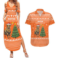 Bhutan Christmas Couples Matching Summer Maxi Dress and Hawaiian Shirt with Takin Santa Hat Christmas Tree and Snowflake Pattern in Orange - Wonder Print Shop