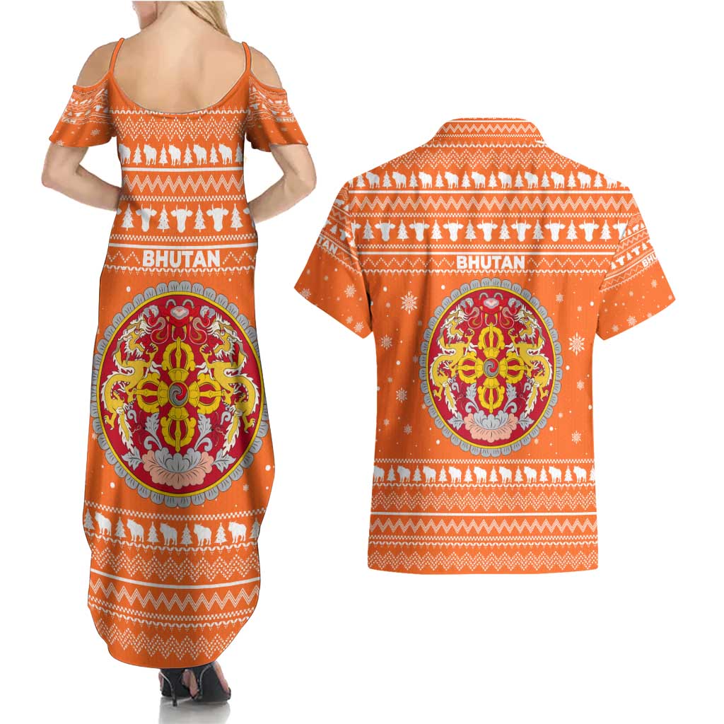 Bhutan Christmas Couples Matching Summer Maxi Dress and Hawaiian Shirt with Takin Santa Hat Christmas Tree and Snowflake Pattern in Orange - Wonder Print Shop