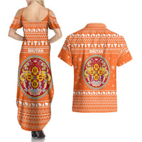 Bhutan Christmas Couples Matching Summer Maxi Dress and Hawaiian Shirt with Takin Santa Hat Christmas Tree and Snowflake Pattern in Orange - Wonder Print Shop