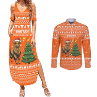 Bhutan Christmas Couples Matching Summer Maxi Dress and Long Sleeve Button Shirt with Takin Santa Hat Christmas Tree and Snowflake Pattern in Orange - Wonder Print Shop