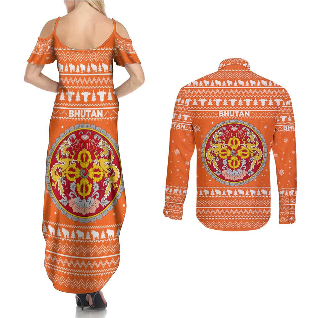 Bhutan Christmas Couples Matching Summer Maxi Dress and Long Sleeve Button Shirt with Takin Santa Hat Christmas Tree and Snowflake Pattern in Orange - Wonder Print Shop
