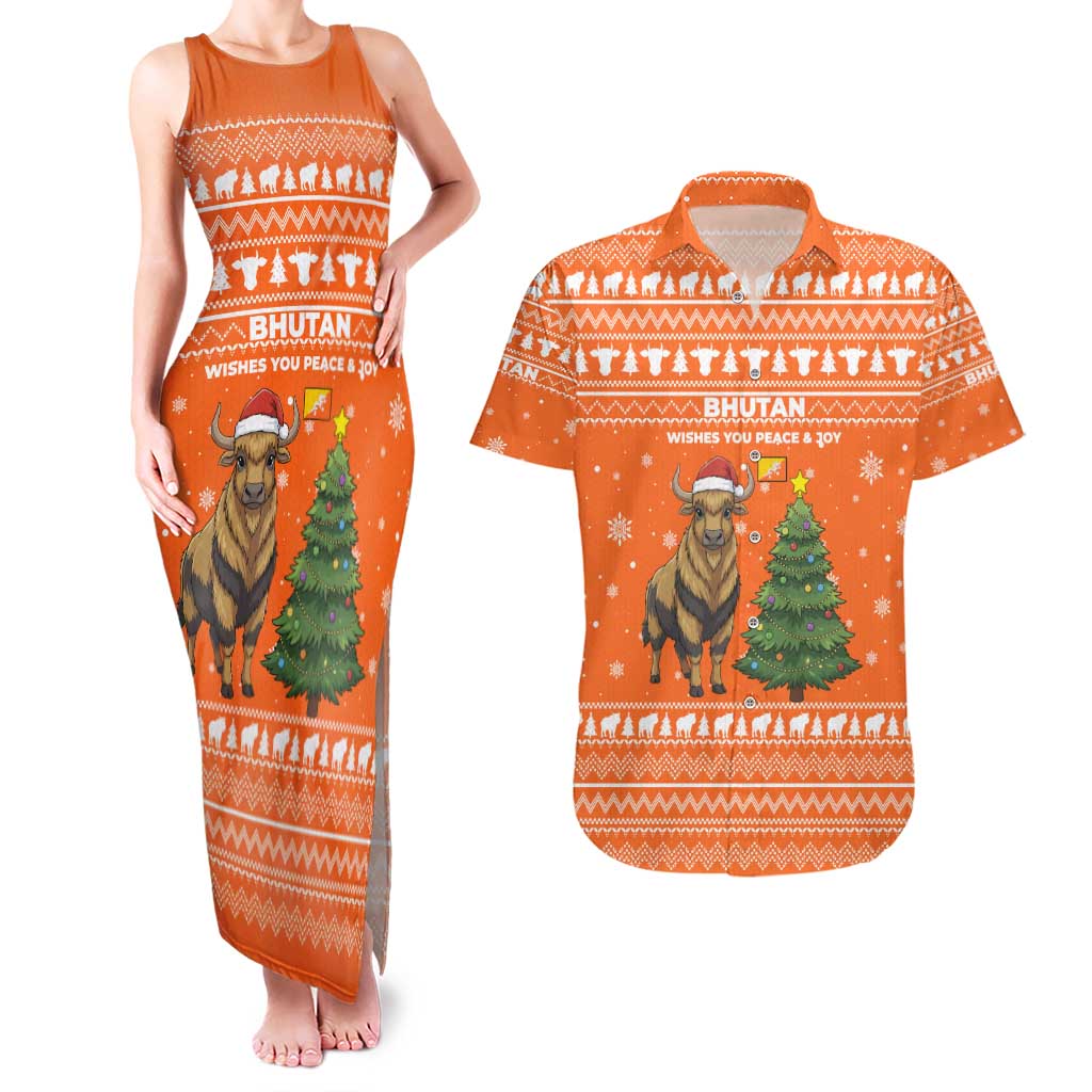 Bhutan Christmas Couples Matching Tank Maxi Dress and Hawaiian Shirt with Takin Santa Hat Christmas Tree and Snowflake Pattern in Orange - Wonder Print Shop