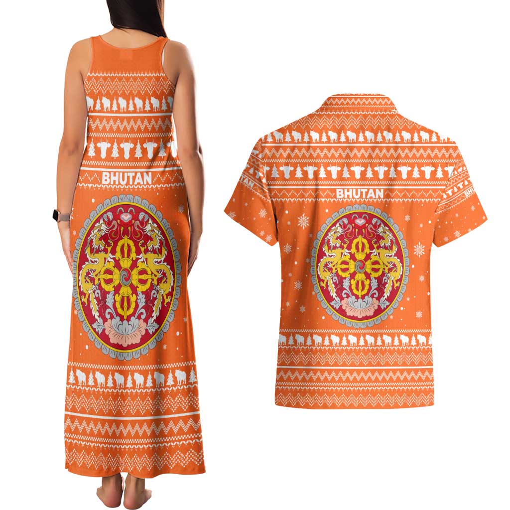 Bhutan Christmas Couples Matching Tank Maxi Dress and Hawaiian Shirt with Takin Santa Hat Christmas Tree and Snowflake Pattern in Orange - Wonder Print Shop