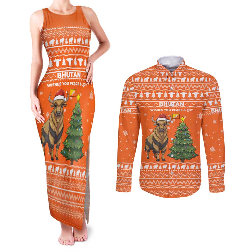 Bhutan Christmas Couples Matching Tank Maxi Dress and Long Sleeve Button Shirt with Takin Santa Hat Christmas Tree and Snowflake Pattern in Orange - Wonder Print Shop
