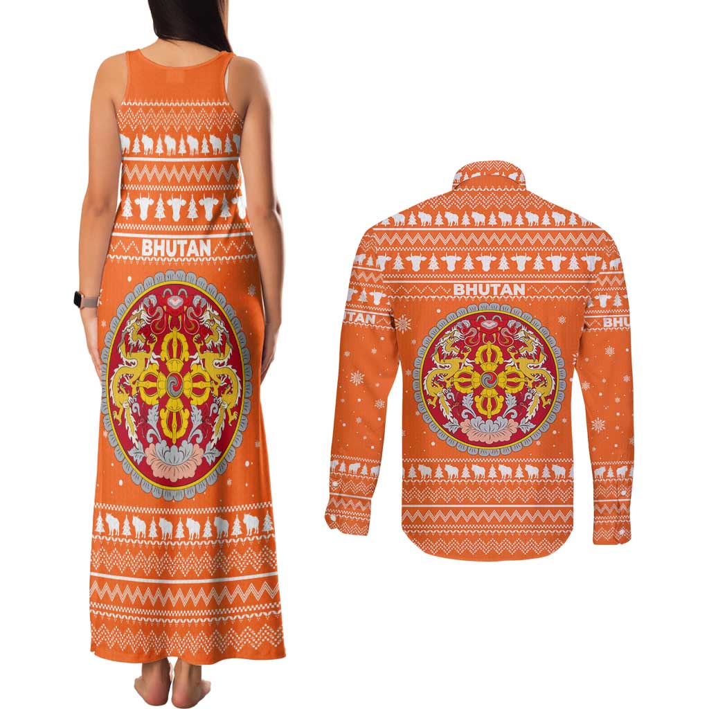 Bhutan Christmas Couples Matching Tank Maxi Dress and Long Sleeve Button Shirt with Takin Santa Hat Christmas Tree and Snowflake Pattern in Orange - Wonder Print Shop