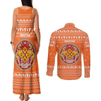 Bhutan Christmas Couples Matching Tank Maxi Dress and Long Sleeve Button Shirt with Takin Santa Hat Christmas Tree and Snowflake Pattern in Orange - Wonder Print Shop