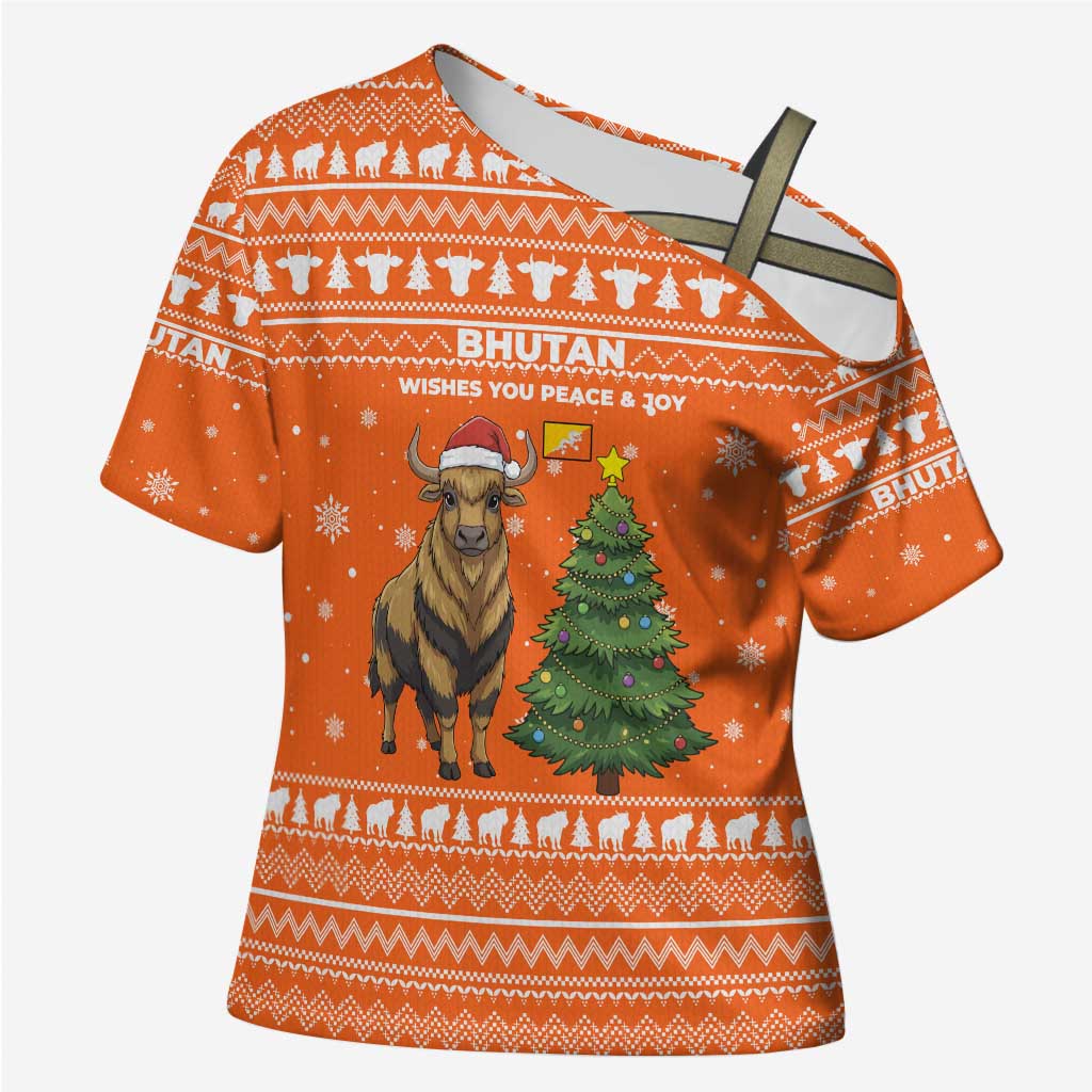 Bhutan Christmas Cross Shoulder Shirt with Takin Santa Hat Christmas Tree and Snowflake Pattern in Orange - Wonder Print Shop