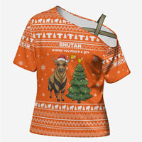 Bhutan Christmas Cross Shoulder Shirt with Takin Santa Hat Christmas Tree and Snowflake Pattern in Orange - Wonder Print Shop
