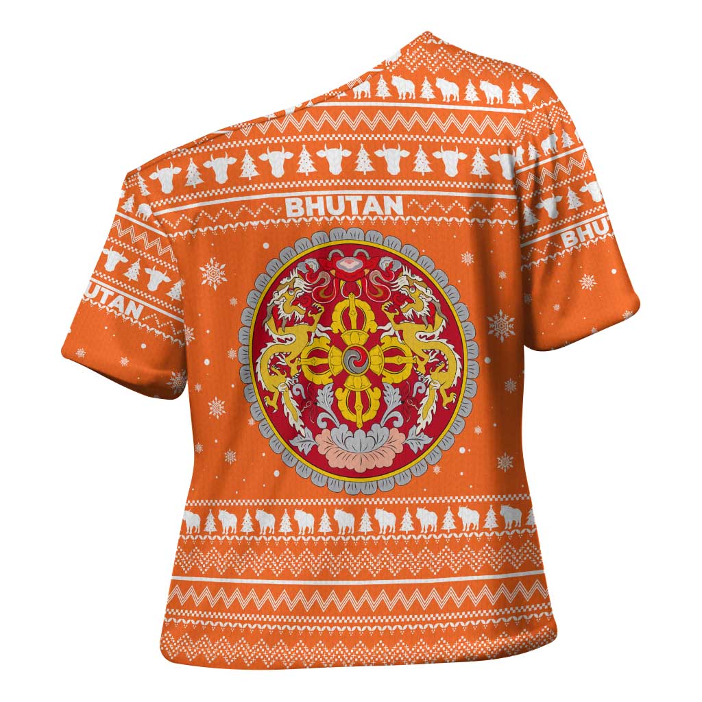 Bhutan Christmas Cross Shoulder Shirt with Takin Santa Hat Christmas Tree and Snowflake Pattern in Orange - Wonder Print Shop