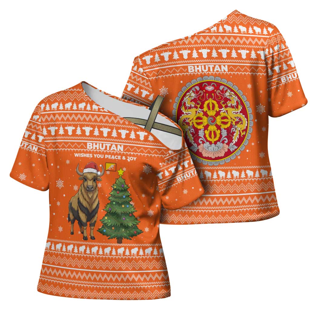 Bhutan Christmas Cross Shoulder Shirt with Takin Santa Hat Christmas Tree and Snowflake Pattern in Orange - Wonder Print Shop