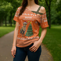 Bhutan Christmas Cross Shoulder Shirt with Takin Santa Hat Christmas Tree and Snowflake Pattern in Orange - Wonder Print Shop