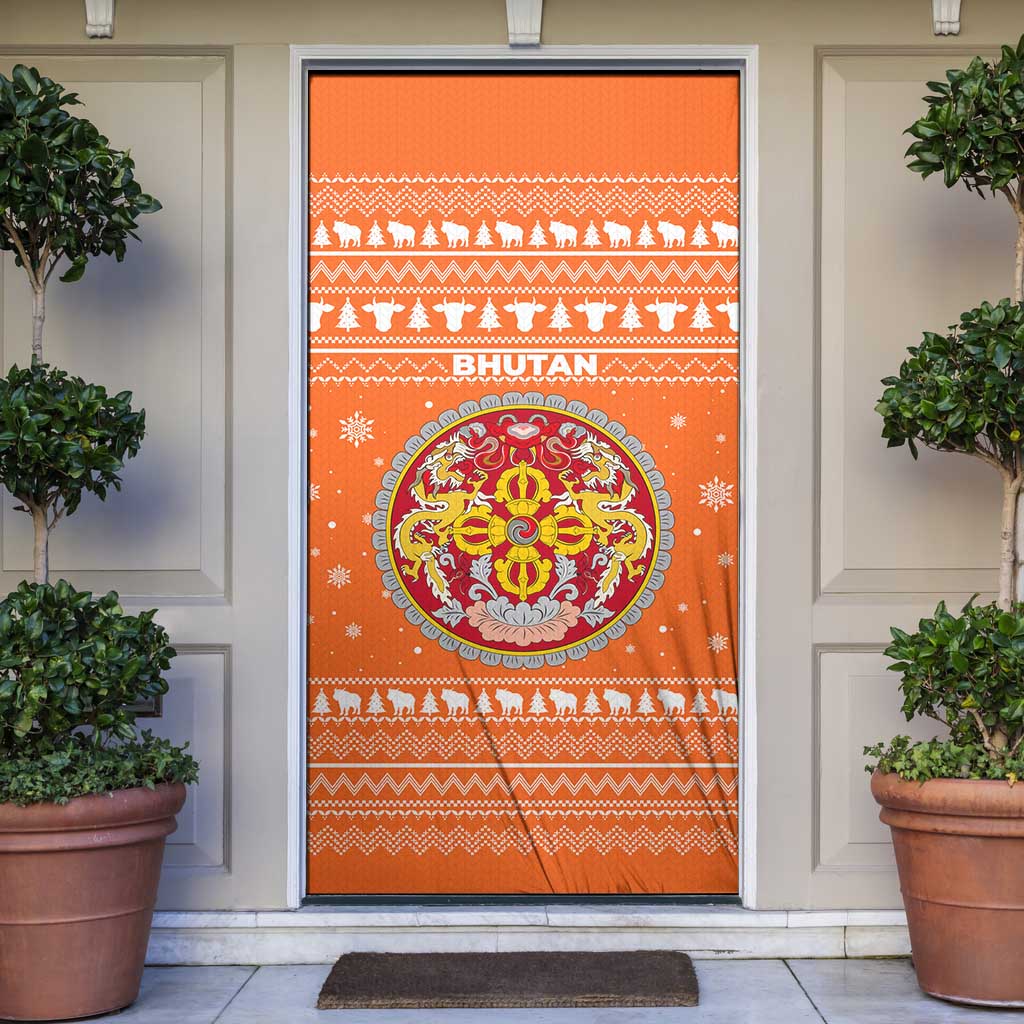 Bhutan Christmas Door Cover with Takin Santa Hat Christmas Tree and Snowflake Pattern in Orange - Wonder Print Shop