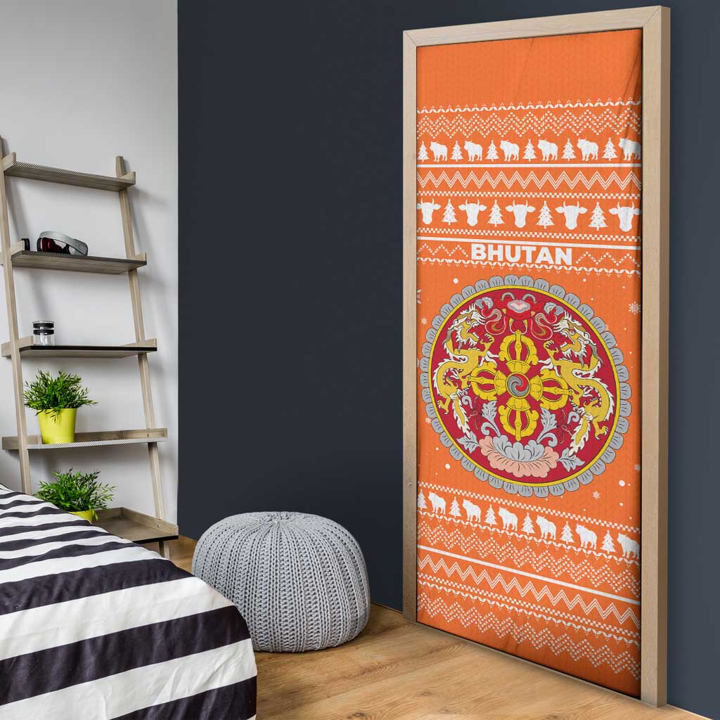 Bhutan Christmas Door Cover with Takin Santa Hat Christmas Tree and Snowflake Pattern in Orange - Wonder Print Shop